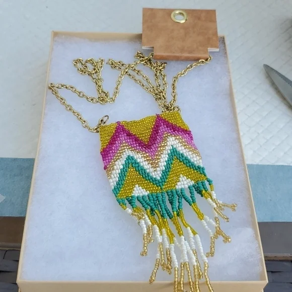 NEW‎ LONG MULTICOLOR BEADS NECKLACE GOLD - Picture 2 of 7